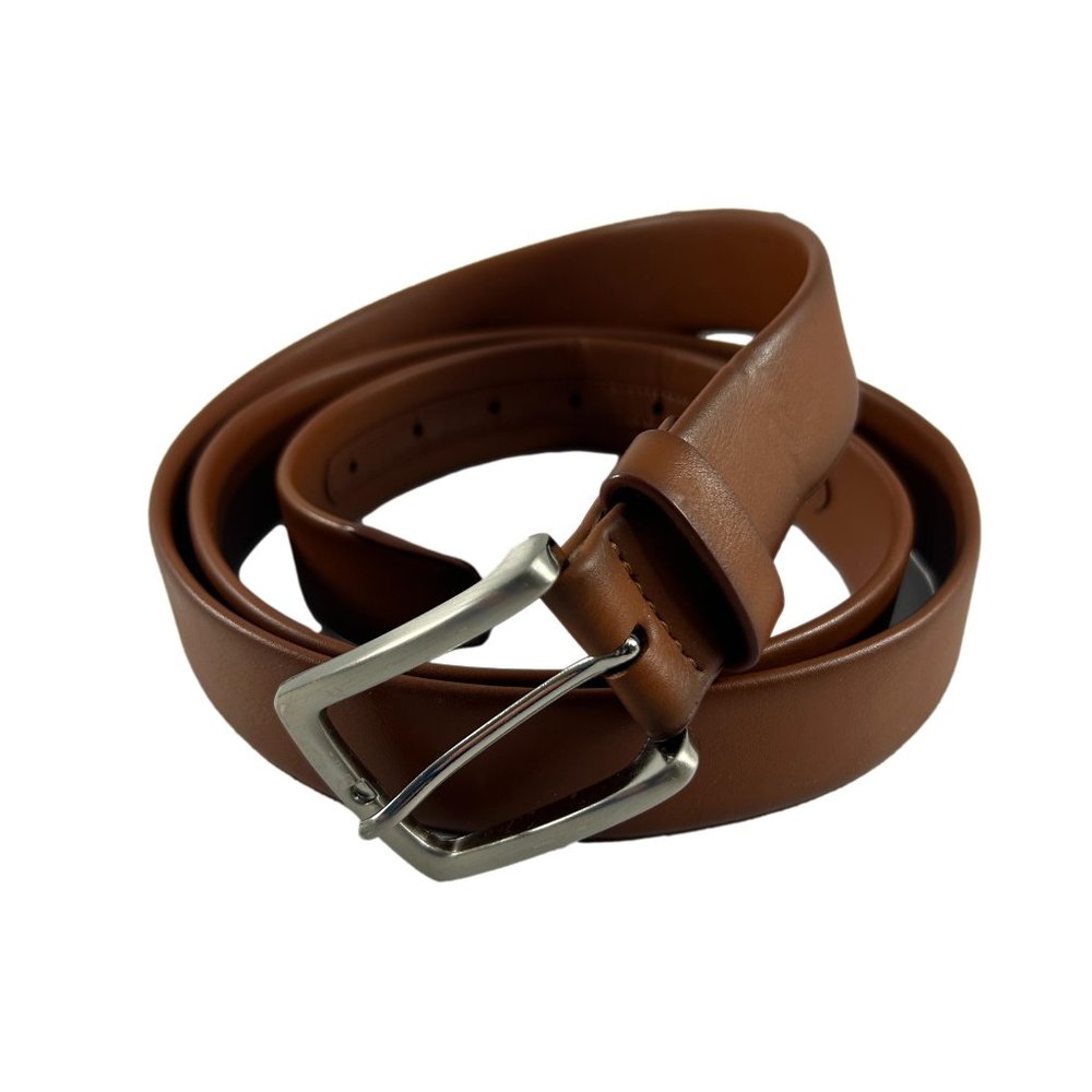 Mens Brown Faux Leather Belt Size 46-48 Silver Tone Buckle 1.25" Wide